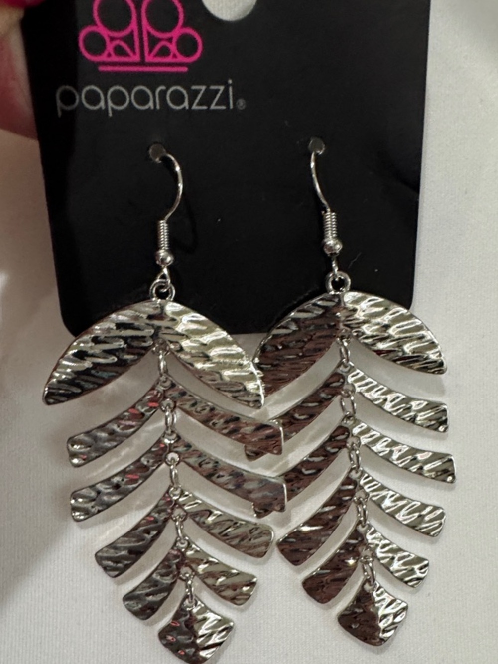 Paparazzi Hammered Silver Tone Leaf Drop Earrings
